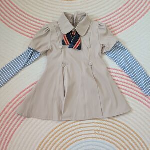 Beige Double-Breasted Dress with Striped Sleeves